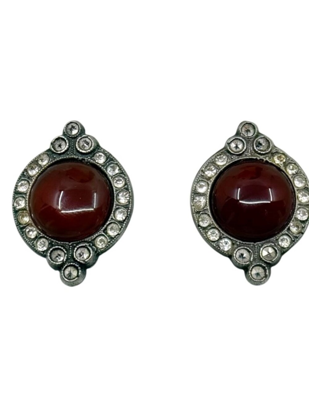 Vintage Silver Plated carnelian rhinestone & marcasite stud earrings - GM1515
